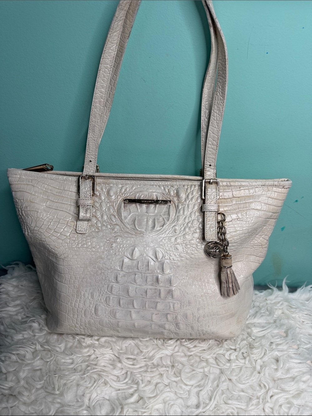 Brahmin Asher Croc-Embossed White Tote Bag with Tassel Charm